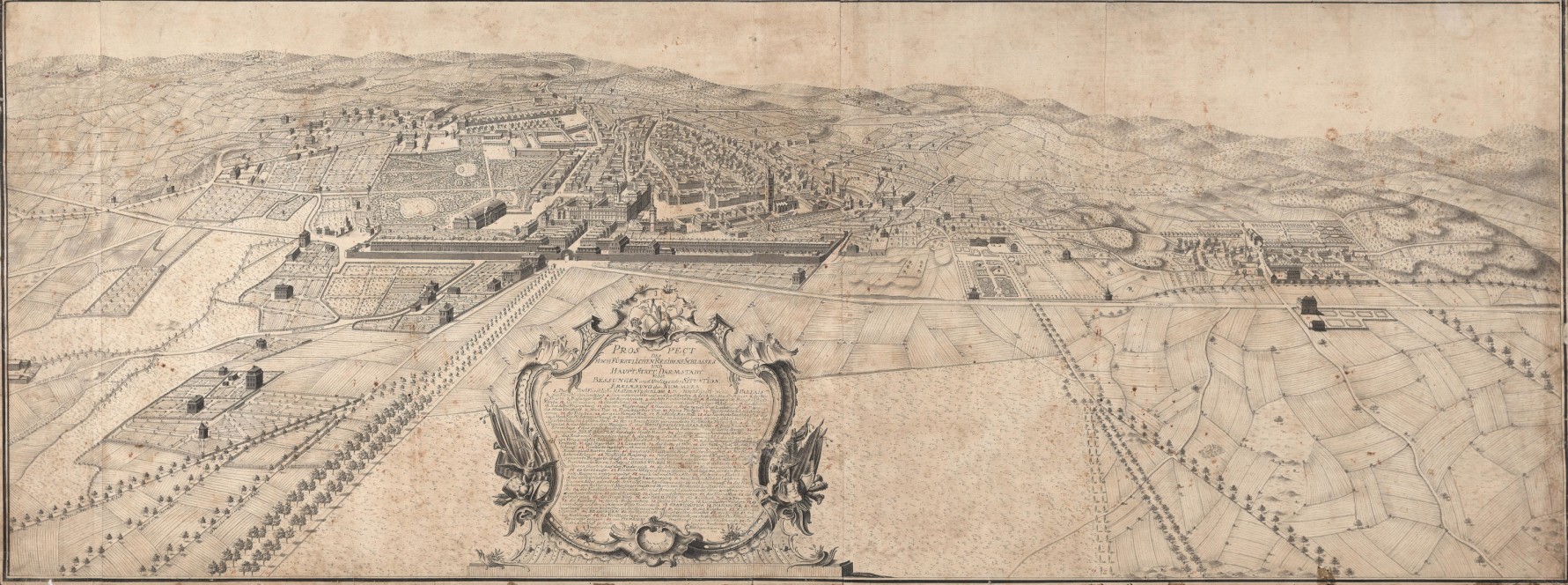 Prospect des Hochfürstlichen Residens Schlosses und Haupt Statt Darmstadt nebst Bessungen 1775 - Hill, Johann Jakob | Mappe 001/16 (TUdigit)