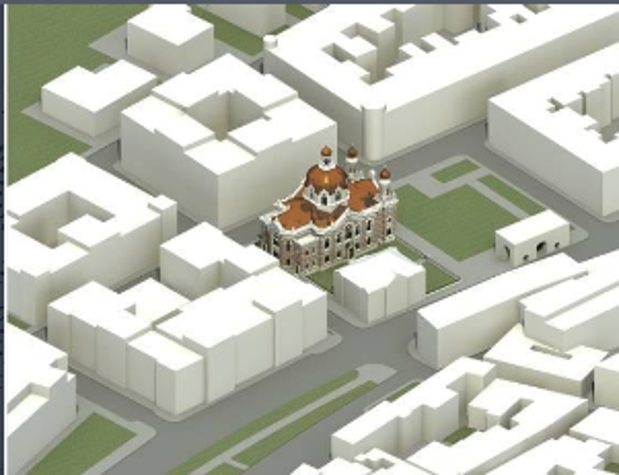 Grafik mit stilisierten Gebäuden; in der Mitte ein historisches Gebäude