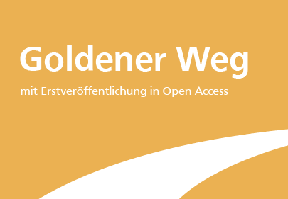 Weißer Weg in goldgelbem Quadrat mit Schriftzug
